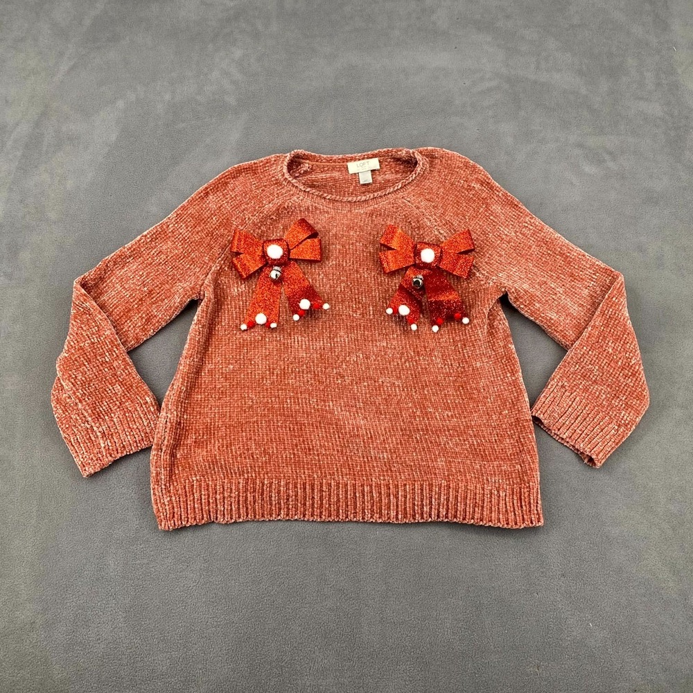 Loft Outlet Sweater Womens MP Rust Orange Glitter Bow With Pom Pom Knit Thermal